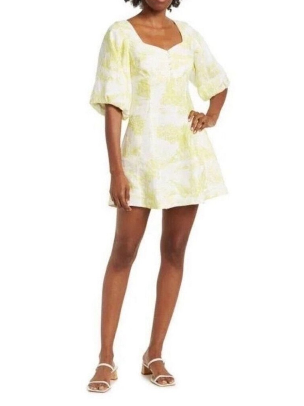 NICHOLAS White and Yellow Square‑Neck Puff Sleeve Tunic